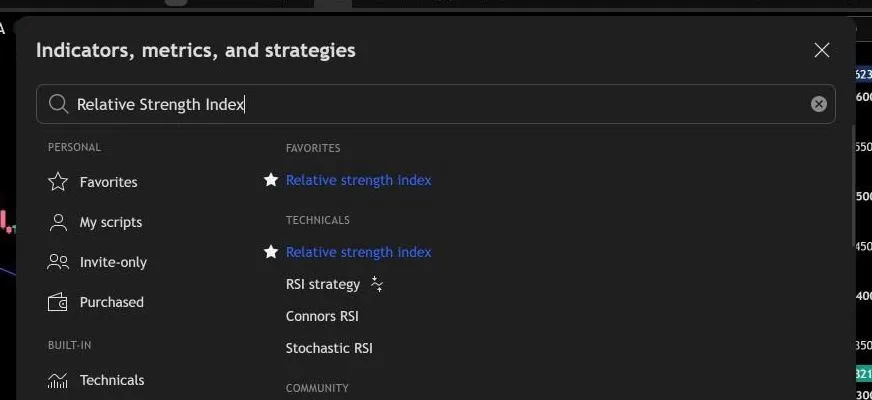 The indicators window with search and categories.